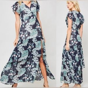 PROMESA Gorgeous Floral Maxi Dress, Navy White Ruffle Slit Flutter Sleeve sz S